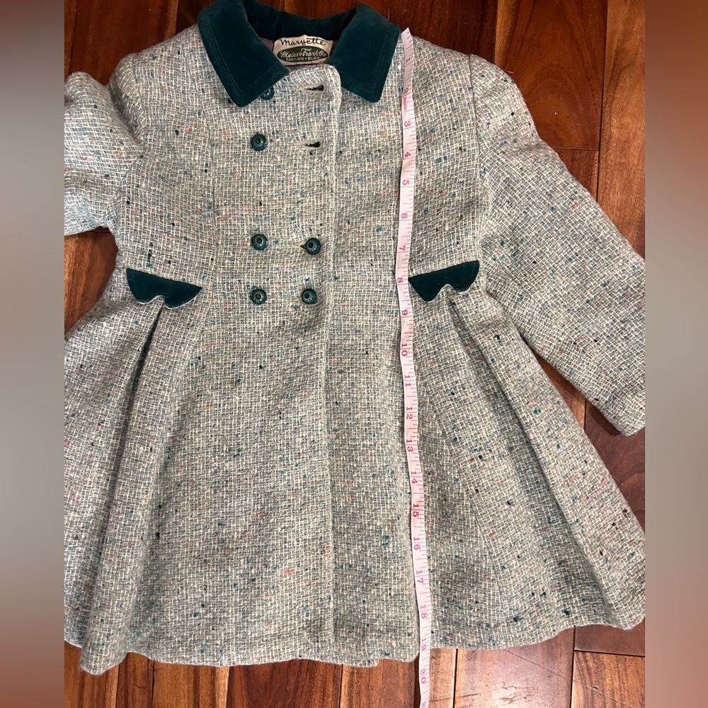 Bambury Original Vintage 50s 60s Wool Tweed Swing Coat Green Velvet Toddler Kids - Picture 14 of 15